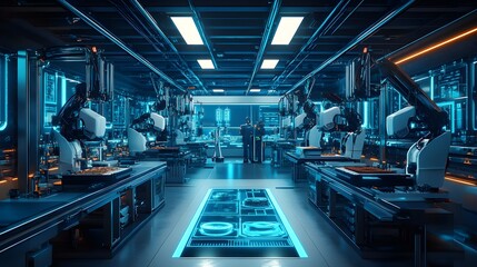 Obraz premium Sterile factory with AI robots analyzing food on holographic displays, glowing blue light, sleek metallic surfaces, cyberpunk, high tech, neon accents