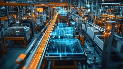 Fototapeta premium High-angle shot of a tech-savvy food factory, AI-powered inspection lines ensuring product quality, organized, high-efficiency systems in place