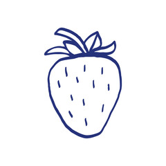 Strawberry. Hand drawn sketch. Blue pen or marker drawing. Primitive kids picture. Berry sketch. Vector illustration
