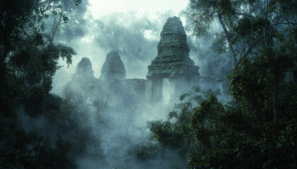 A misty jungle scene featuring ancient temple ruins, surrounded by dense foliage and atmospheric fog.