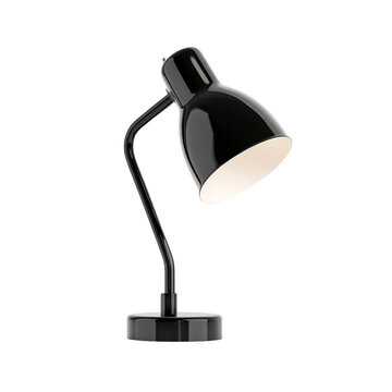 Modern black desk lamp with adjustable neck, isolated on white background.
