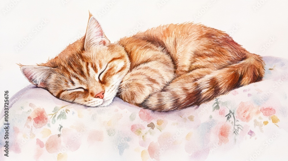Poster A peaceful sleeping cat nestled comfortably on a soft bedspread with a floral pattern in a serene setting. Generative AI
