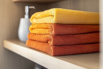 Warm toned towels in shades of yellow and orange stacked on a wooden bathroom shelf