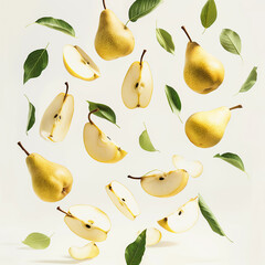 Obraz premium Pear with half slices falling, on white background