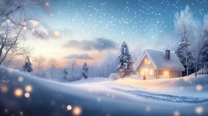 Naklejka premium A cozy winter scene with a snow-covered house surrounded by tranquil trees and a soft snowfall, evoking warmth and holiday spirit.
