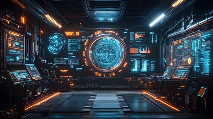 Obraz premium Factory with augmented reality screens showing production stats, mechanical precision, glowing neon lights, vibrant data streams, steampunk aesthetic, intricate details, wide shot