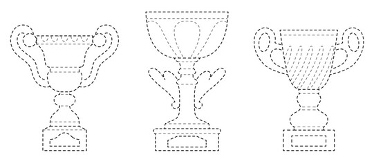 Connect the dots, educational game for kids. Set of cartoon sport cups