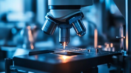 Advanced microscope in a laboratory analyzing samples under low light conditions during a research experiment