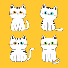 Cat set. Cute white kitten face head with yellow, blue, green eyes. Cartoon pet baby character Black contour icon. Funny kawaii animal. Childish style. Flat design. Yellow background. Vector