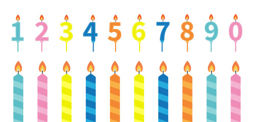 Happy Birthday candle number set. Numbers Striped burning candles with fire flame. Different bright color. Clip art elements for invitation, birthday card. Isolated White background Flat design Vector