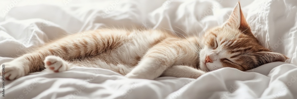Poster a peaceful sleeping cat resting on a fluffy white bedspread in a cozy room during the afternoon ligh