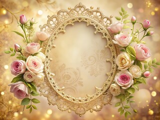 Retro elegant frame with ornate golden details and soft focus background, surrounded by delicate flowers and lace, evoking a sense of classic feminine beauty.