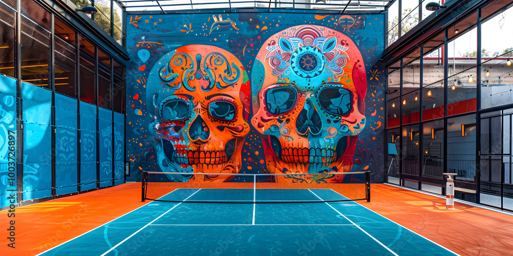 Poster the indoor paddle court, brightly illuminated, showcases a striking skull mural, uniting modern art 