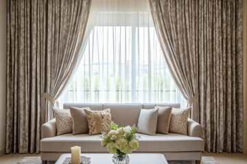 Neutral Living Room Featuring Bold Patterned Drapes Ideal for Interior Design Inspiration