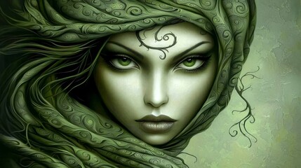  A painting of a woman with a green crown of leaves and a green scarf wrapped around her head