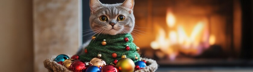Obraz premium A festive Scottish Fold cat wearing a sweater surrounded by colorful ornaments, creating a cozy holiday atmosphere by the fireplace, cat in christmas costume