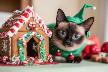 A festive Siamese cat dressed in a green outfit next to a colorful gingerbread house, perfect for holiday-themed projects, cat in christmas costume