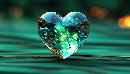 3D Abstract glowing crystal heart casting reflections on a flat midnight green backdrop. Made with generative AI technology