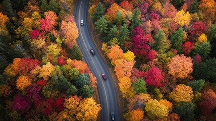 Aerial View of a Winding Road Through a Forest with Vibrant Autu