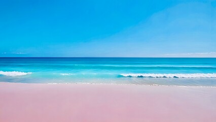 Fototapeta premium Pink sand, breaking waves, and a sparkling blue ocean. Perfect for landing sites, thumbnails, wallpaper, background for posters, banners, flyers, cards and cover. 