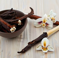 Dried vanilla pods and flower on wooden background