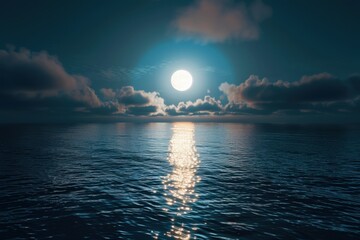 Serene Moonlit Ocean with Reflective Water Surface