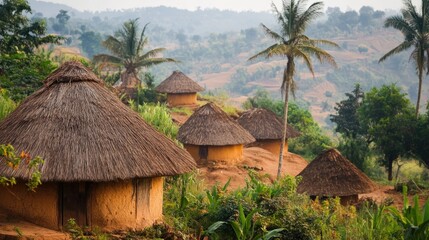 A beautiful village scene showcasing vernacular architecture with traditional thatched roofs and mud walls