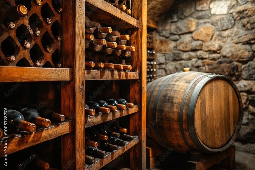 Poster a rustic wine cellar filled with wooden barrels and meticulously arranged wine bottles on sturdy she