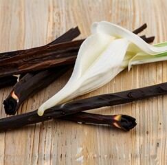 Dried vanilla pods and flower on wooden background