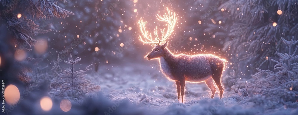 Poster a magical deer illuminated by soft light in a snowy forest, creating a serene winter wonderland atmo