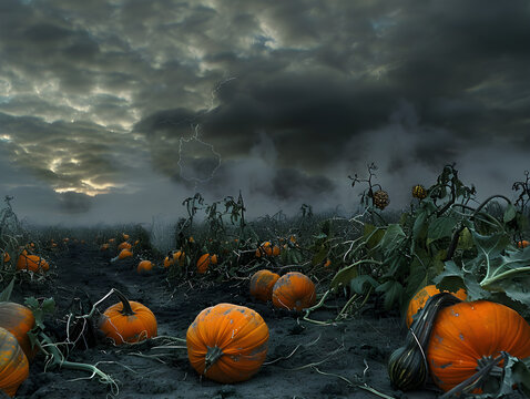 Evil pumpkins in a spooky patch whispering secrets under the moonlit sky on Halloween night. - Powered by Adobe