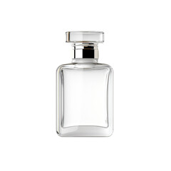 Elegant glass perfume bottle with a classic design, isolated on a white background.