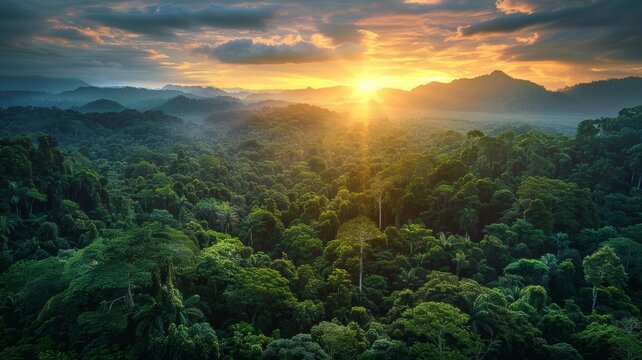 Beautiful green amazon forest landscape at sunset sunrise - ai