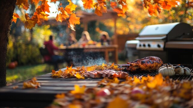 Grilled Meat and Autumn Leaves on a Backyard Barbecue