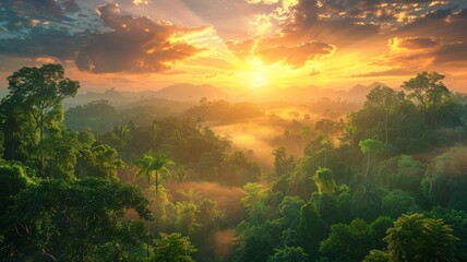 Beautiful green amazon forest landscape at sunset sunrise - ai