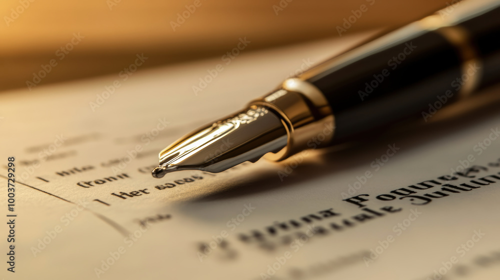Poster close up of luxurious fountain pen resting on document, symbolizing importance of signing contracts 