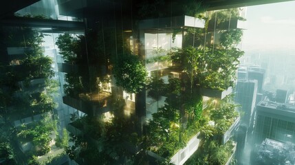 A concept for a biophilic residential tower with private gardens on each floor, creating a vertical green space