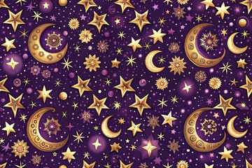 Whimsical seamless pattern of crescent moon and twinkling stars on a rich purple background, evoking a sense of magic and celestial wonder.