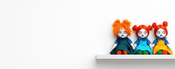 Fototapeta premium Creepy dolls sitting on a shelf, unsettling theme, animation, Split-complementary color scheme
