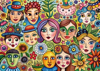 Whimsical assortment of hand-drawn sketches featuring eclectic mix of faces, flowers, animals, and abstract shapes in various styles and vibrant colors.