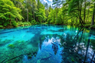 Macro Blue water pond surrounded by forest crystal clear water