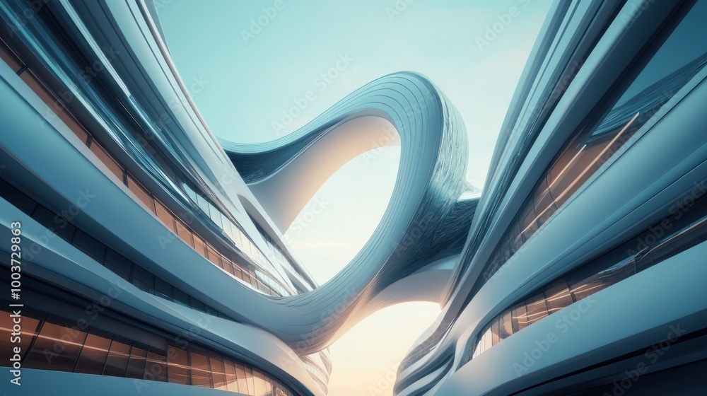 Poster a futuristic architectural design with flowing forms and dynamic lines against a serene sky.