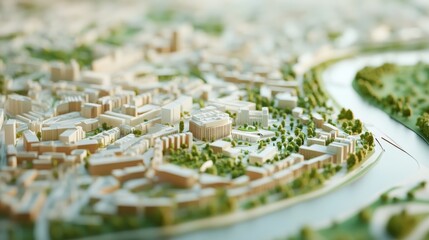 A digital model of an urban regeneration plan, illustrating the integration of green spaces, residential areas