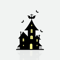 Black color ghost home vector design. Abstract Halloween ghost house design template with bats. Horror home design art on a white color background. Halloween house art. 