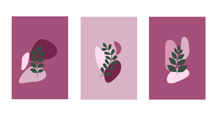 three abstract posters with branches over pink and purple shapes. The design is minimalist and modern.