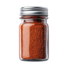 Glass jar filled with vibrant red paprika spice on a white isolated background.