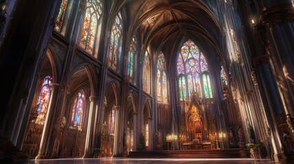 Obraz premium A dynamic shot of a cathedral with soaring arches, stained glass windows, and detailed sculptures