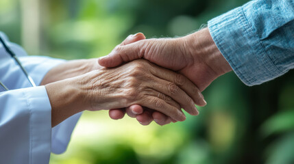 doctor holding patients hand, symbolizing care and compassion in healing environment. This moment reflects trust and support during medical consultation