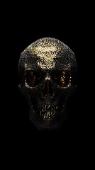 A human skull logo designed using a combination of tiny gold and silver dots, arranged intricately in the middle of a jet-black background. 