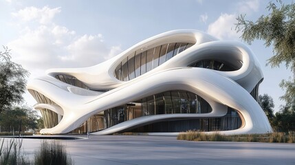 Obraz premium A futuristic building with a facade created using parametric design, featuring organic shapes